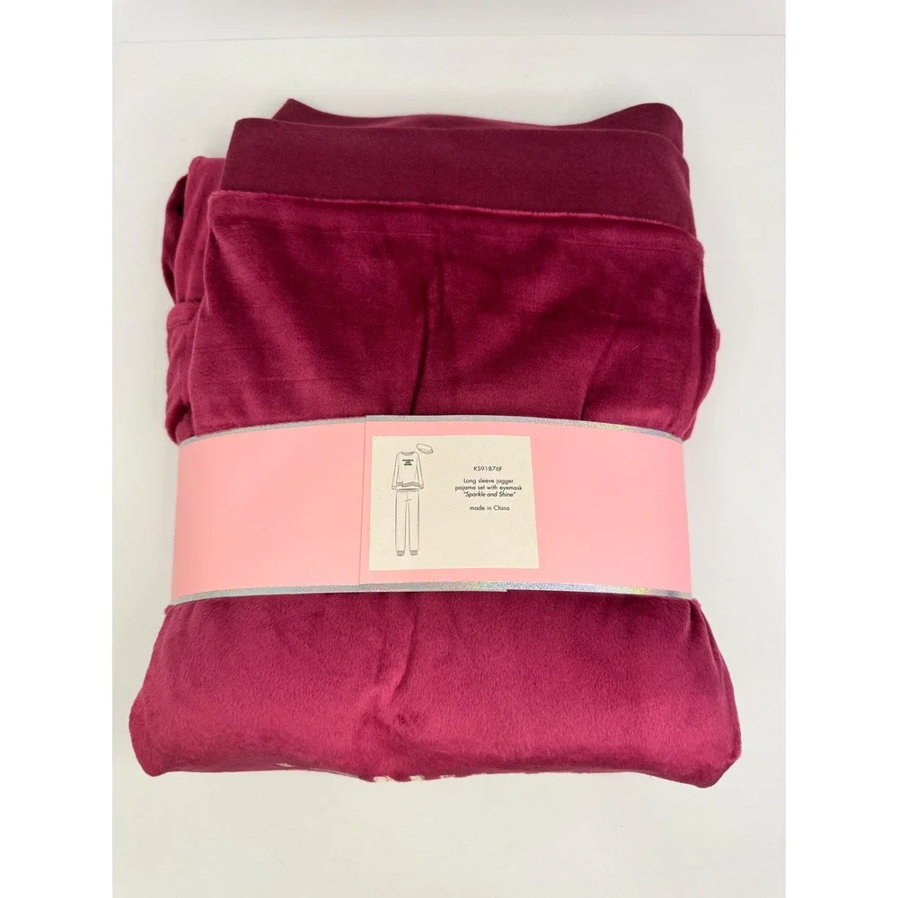 Kate Spade New York Sparkle and Shine Burgundy Plush Jogger‎ Pajama Set SZ S NWT